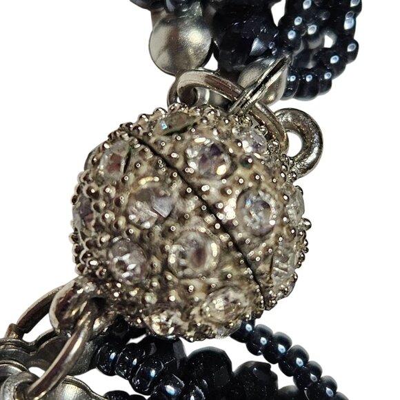 Elegant Multi Strand Black Beaded Necklace Rhinestone Magnetic Clasp Jewelry - Picture 6 of 8